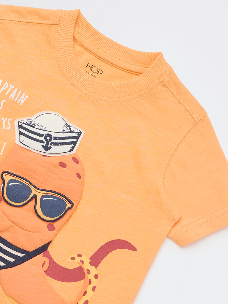 HOP Kids Boys Orange Animal Pattern Cotton T-Shirt