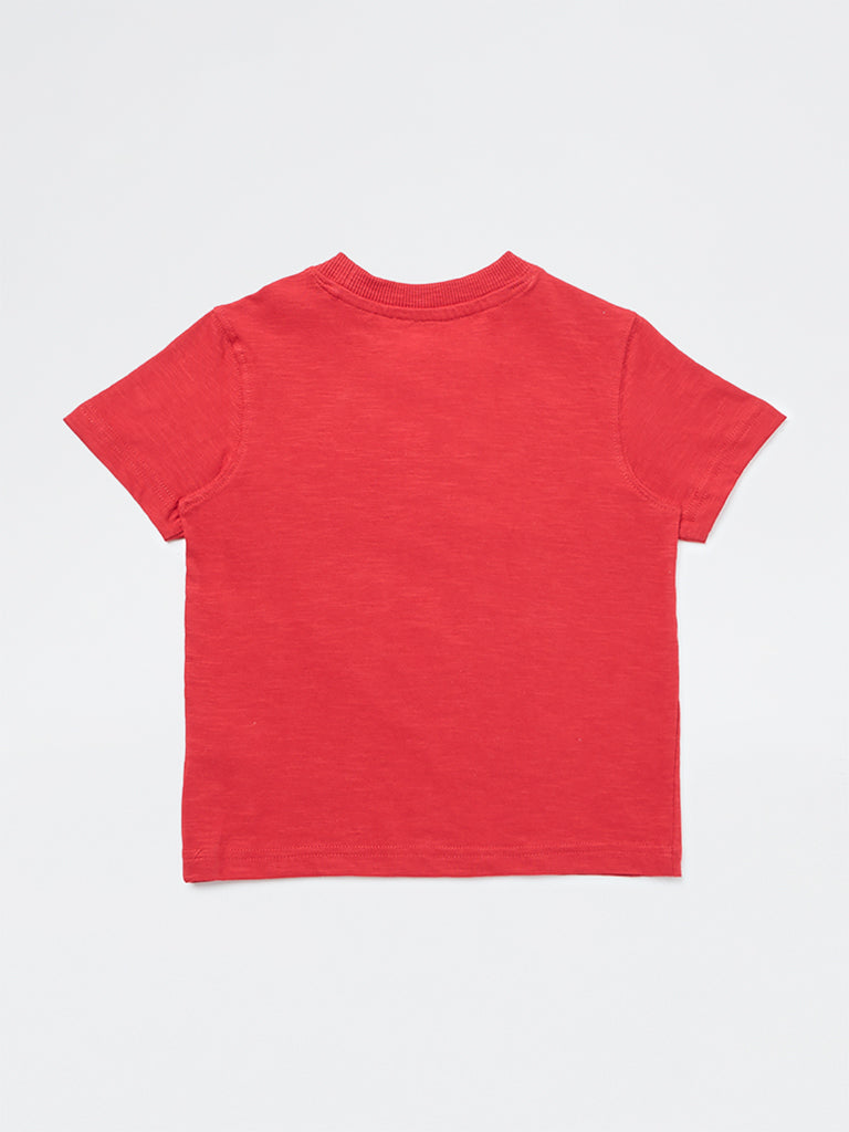 HOP Kids Boys Red Animal Embroidered Cotton T-Shirt