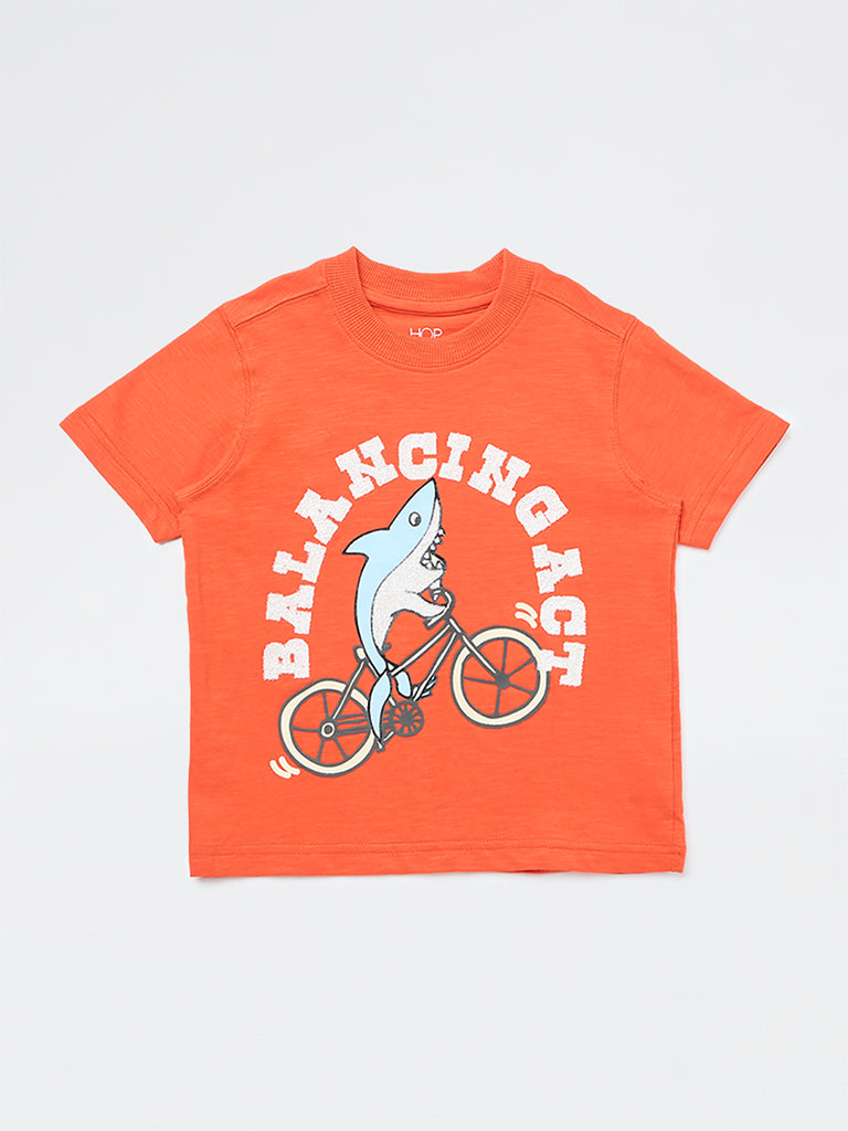 HOP Kids Boys Orange Graphic Printed Cotton T-Shirt