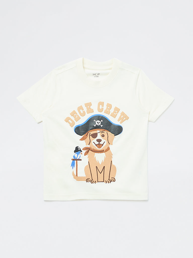 HOP Kids Boys Off-White Graphic Design Cotton T-Shirt