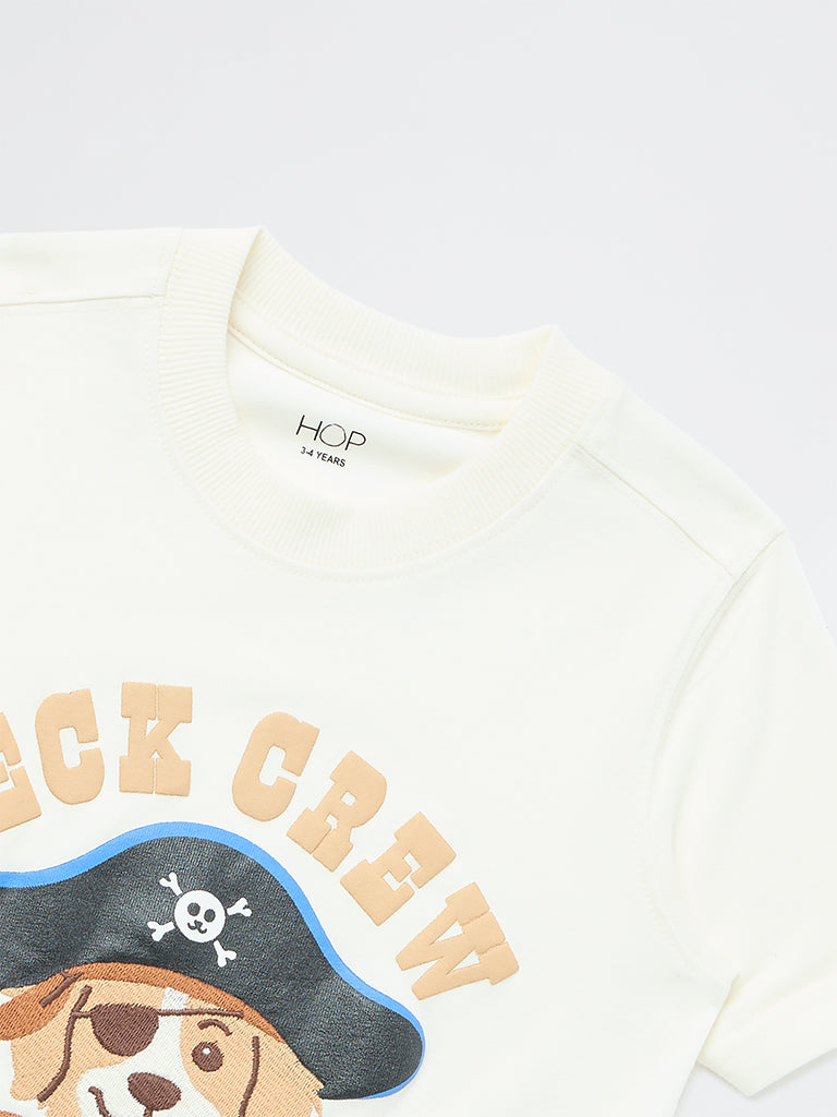 HOP Kids Boys Off-White Graphic Design Cotton T-Shirt