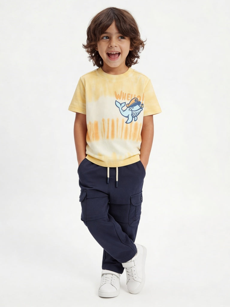 HOP Kids Boys Yellow Tie-Dye Printed Cotton T-Shirt