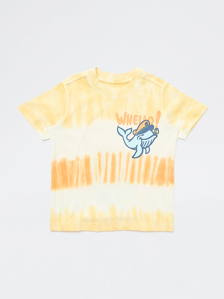 HOP Kids Boys Yellow Tie-Dye Printed Cotton T-Shirt