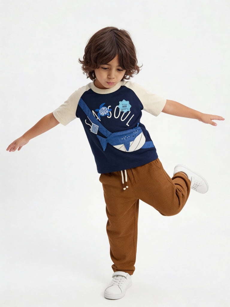 HOP Kids Boys Navy Sea-Life Printed Cotton T-Shirt