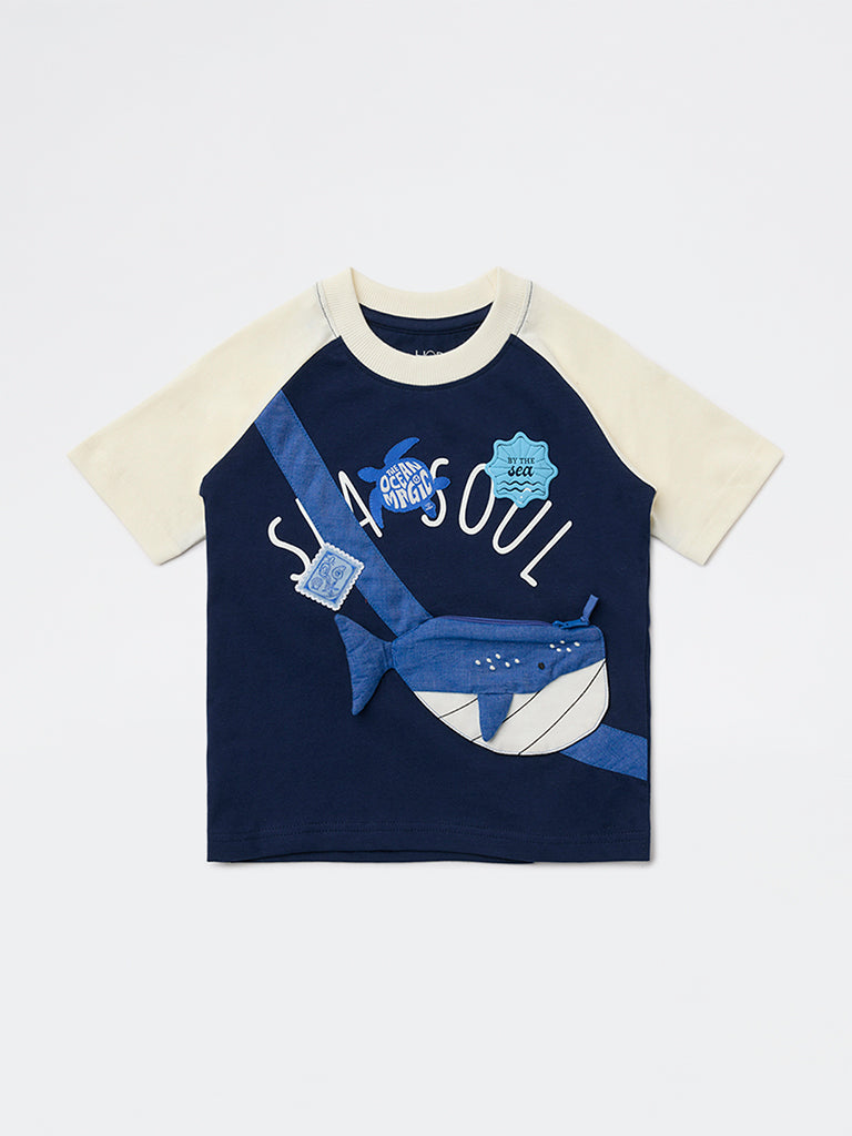 HOP Kids Boys Navy Sea-Life Printed Cotton T-Shirt