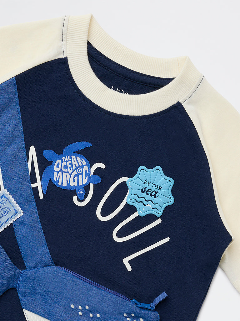 HOP Kids Boys Navy Sea-Life Printed Cotton T-Shirt