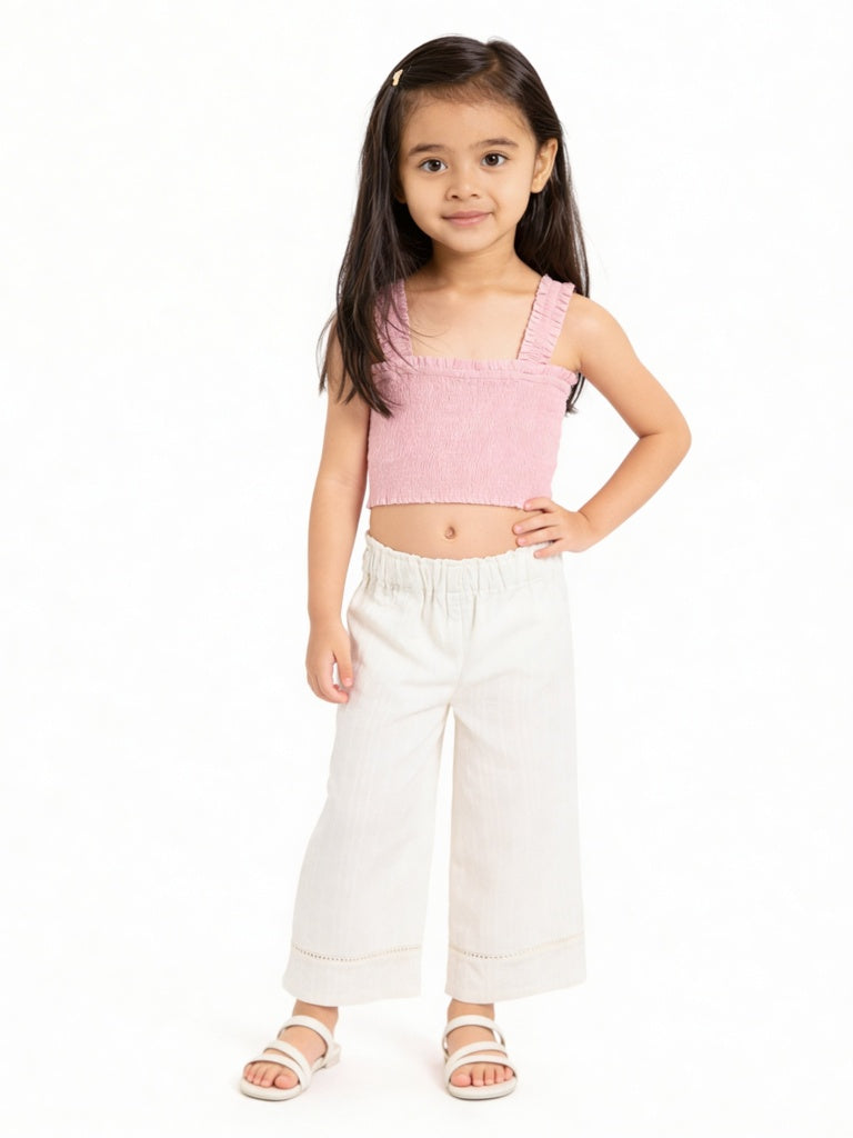 HOP Kids Girls White Self-Striped High-Rise Cotton Trousers