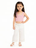 HOP Kids Girls White Self-Striped High-Rise Cotton Trousers
