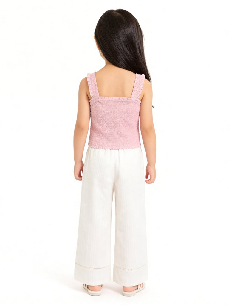 HOP Kids Girls White Self-Striped High-Rise Cotton Trousers