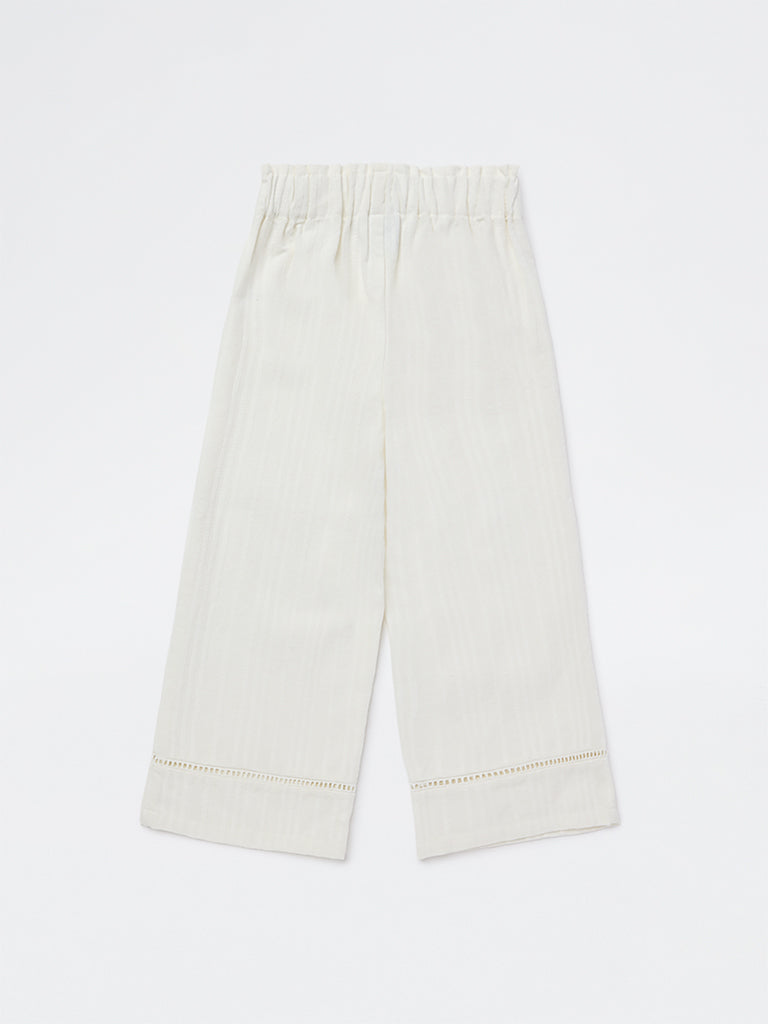 HOP Kids Girls White Self-Striped High-Rise Cotton Trousers