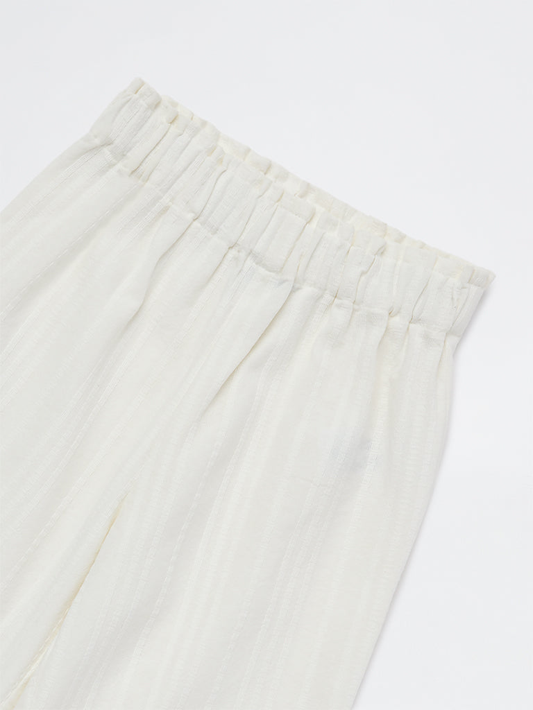 HOP Kids Girls White Self-Striped High-Rise Cotton Trousers