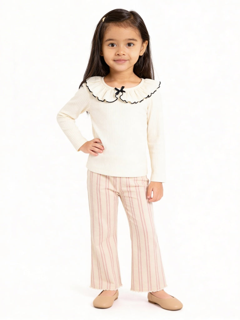 HOP Kids Girls Cream Striped High-Rise Cotton Trousers