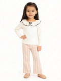 HOP Kids Girls Cream Striped High-Rise Cotton Trousers