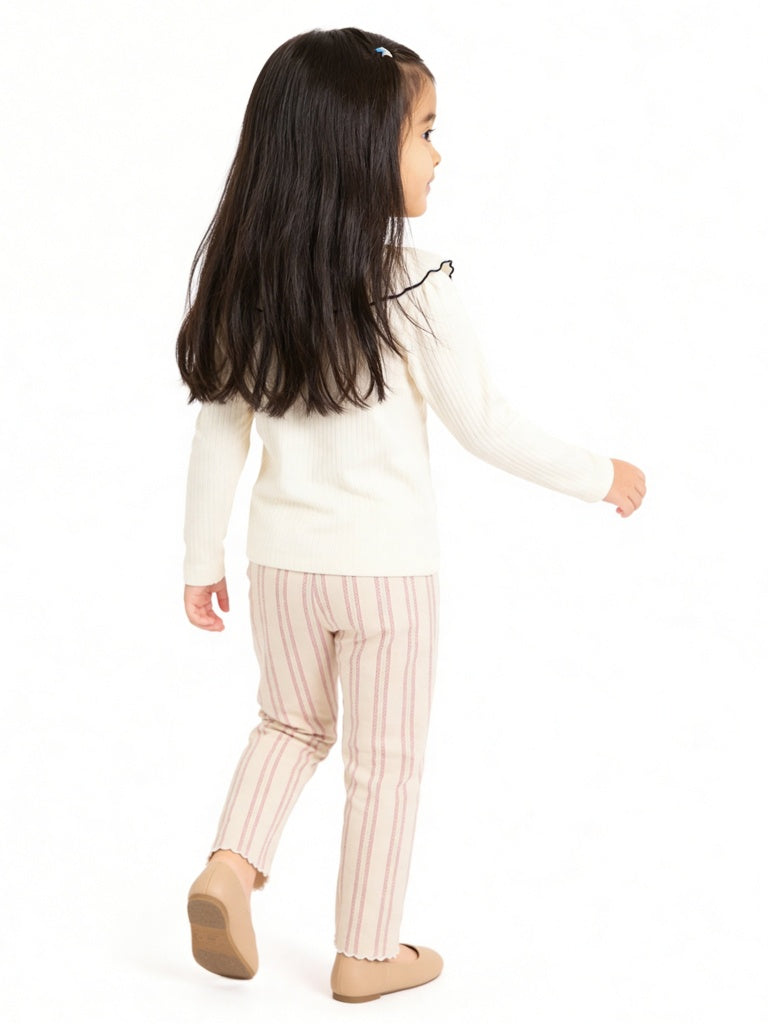 HOP Kids Girls Cream Striped High-Rise Cotton Trousers