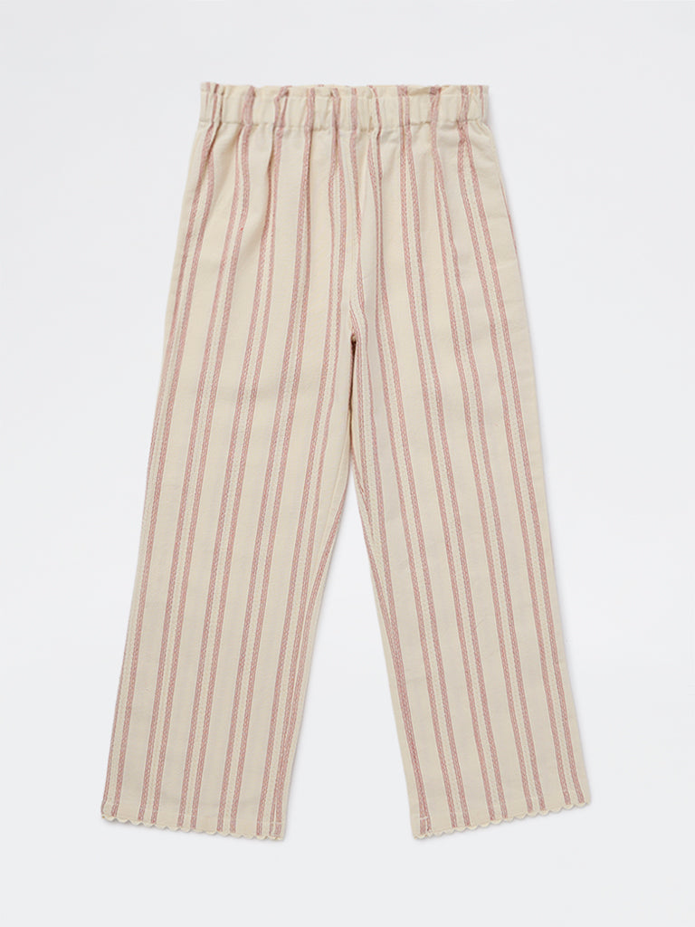 HOP Kids Girls Cream Striped High-Rise Cotton Trousers