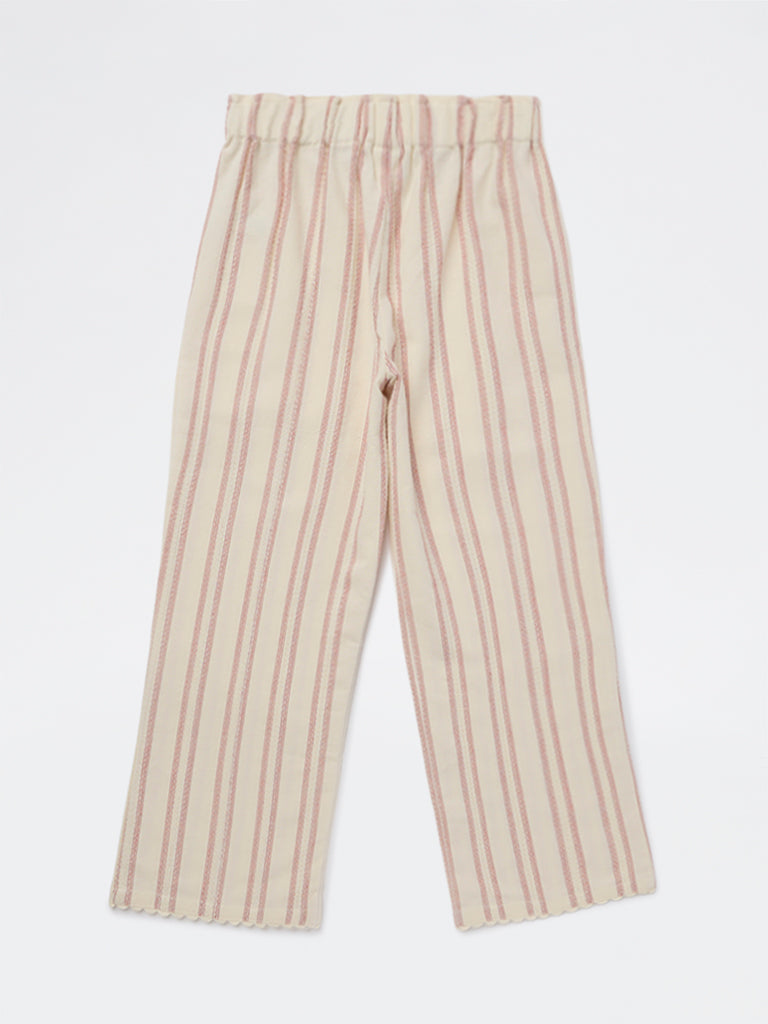 HOP Kids Girls Cream Striped High-Rise Cotton Trousers