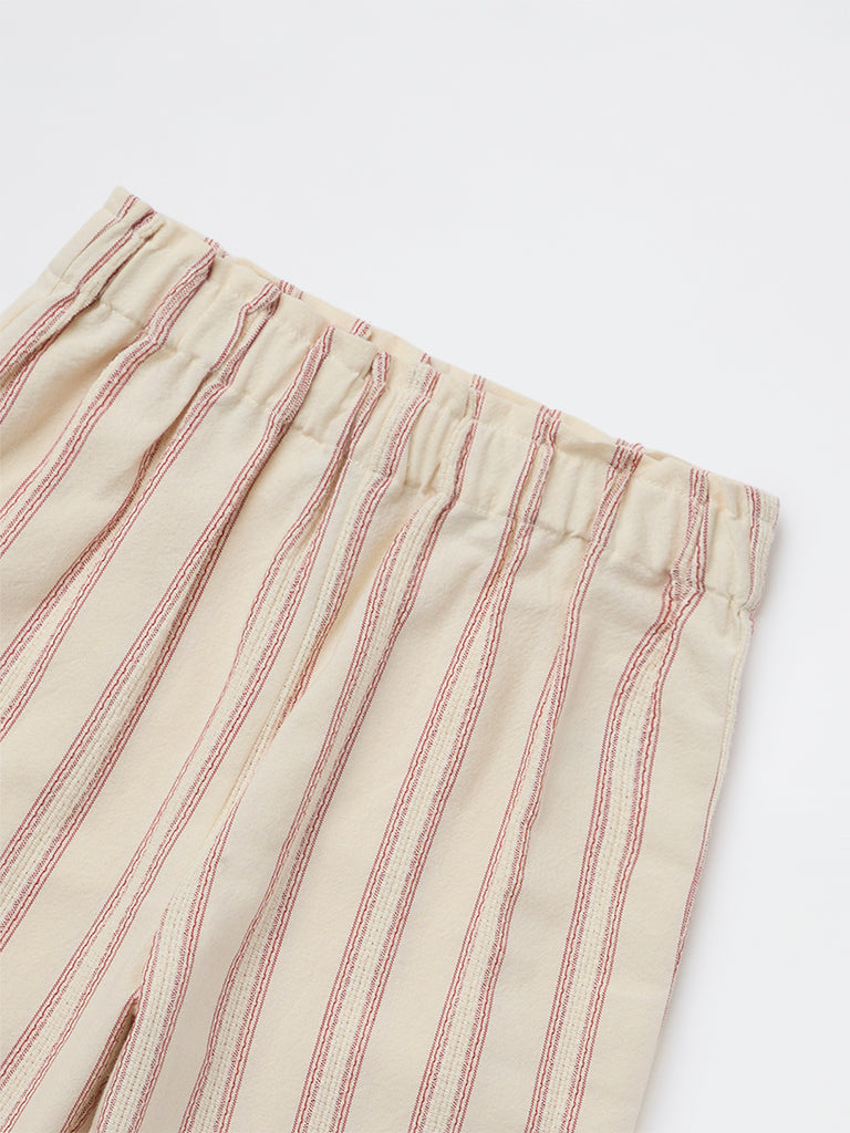 HOP Kids Girls Cream Striped High-Rise Cotton Trousers