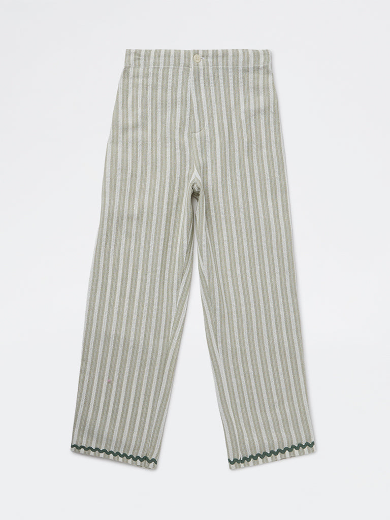 HOP Kids Girls Sage Striped High-Rise Cotton Trousers