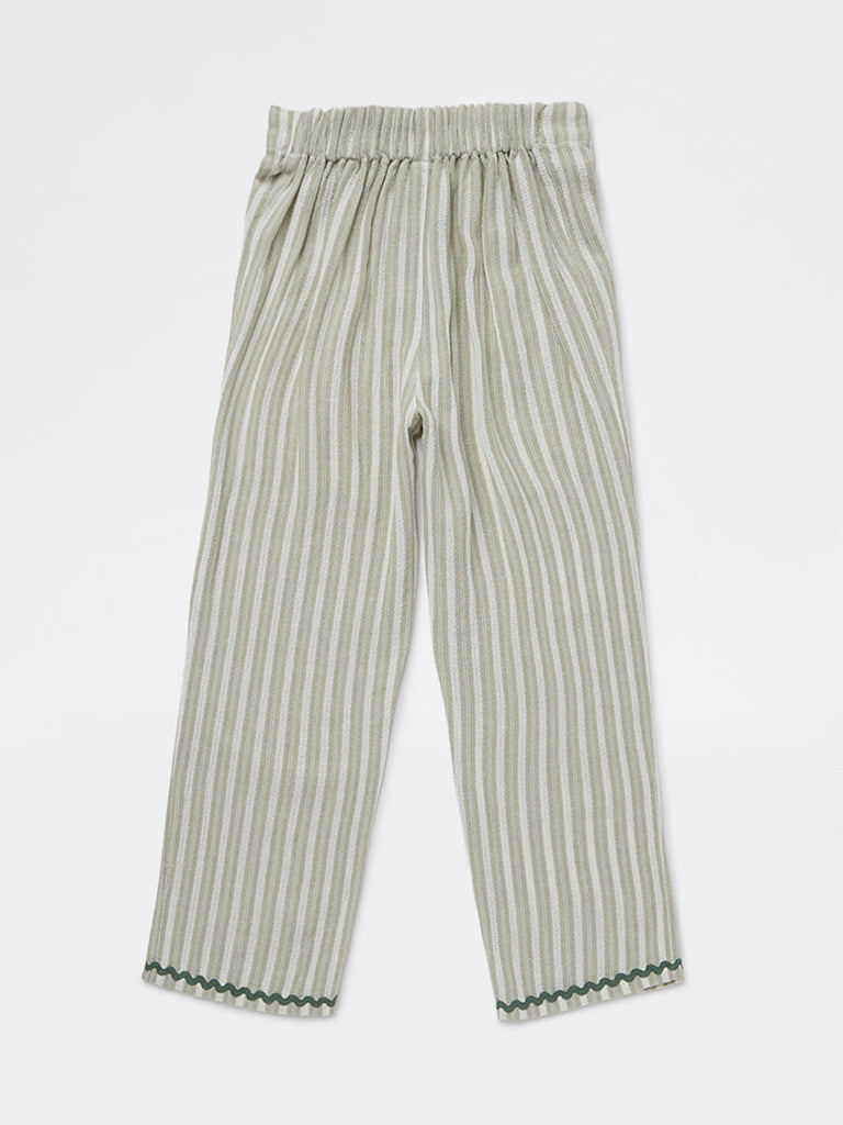 HOP Kids Girls Sage Striped High-Rise Cotton Trousers