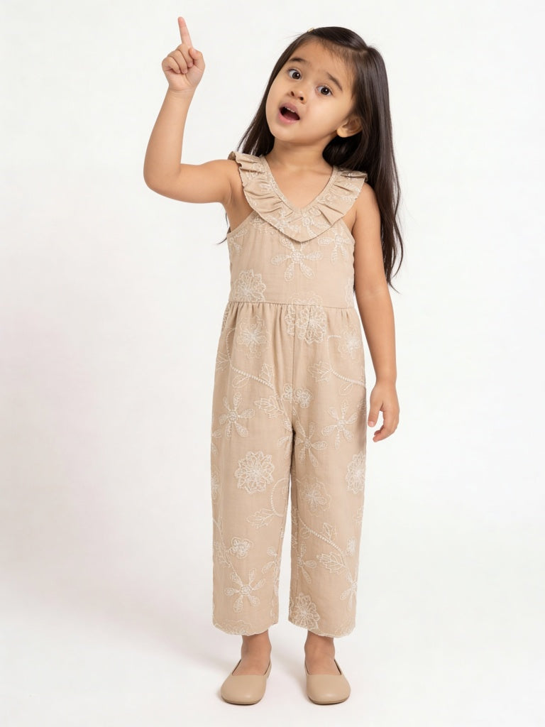 HOP Kids Girls Taupe Floral Embroidered Cotton Jumpsuit