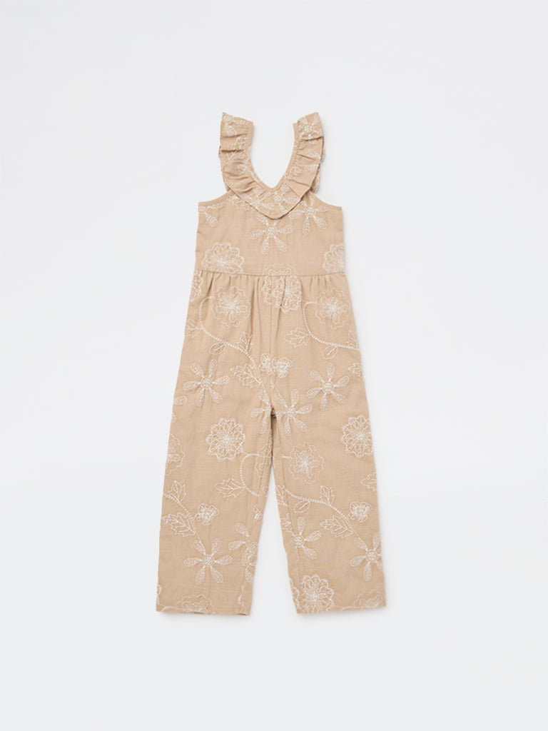 HOP Kids Girls Taupe Floral Embroidered Cotton Jumpsuit