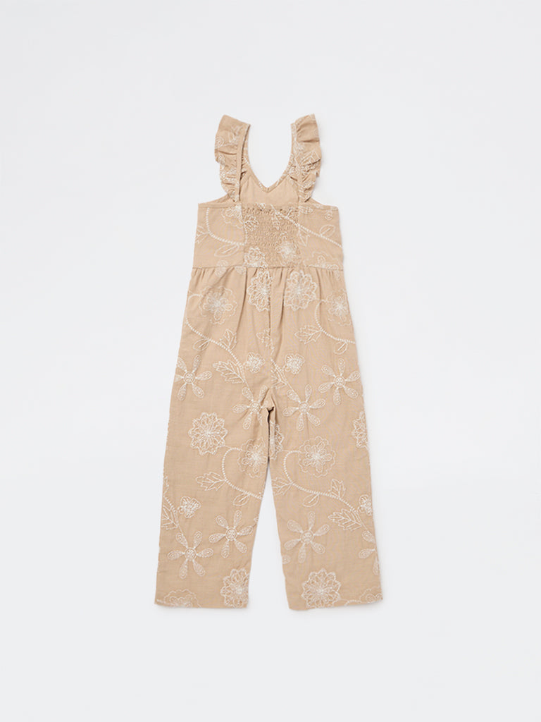 HOP Kids Girls Taupe Floral Embroidered Cotton Jumpsuit