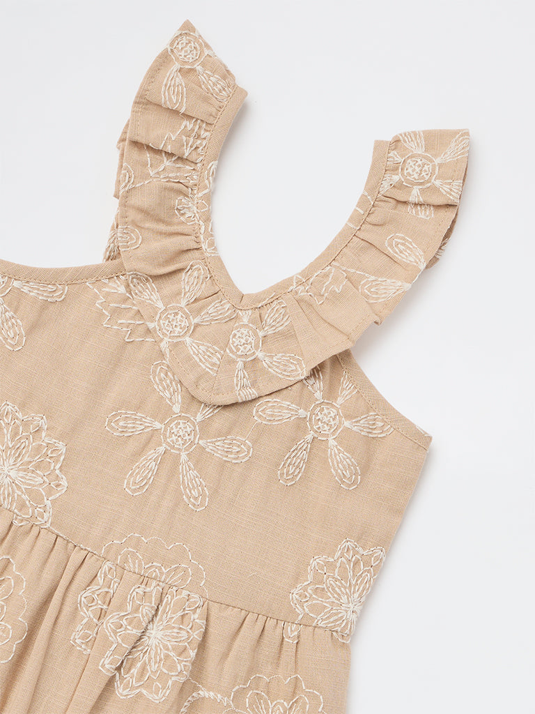 HOP Kids Girls Taupe Floral Embroidered Cotton Jumpsuit