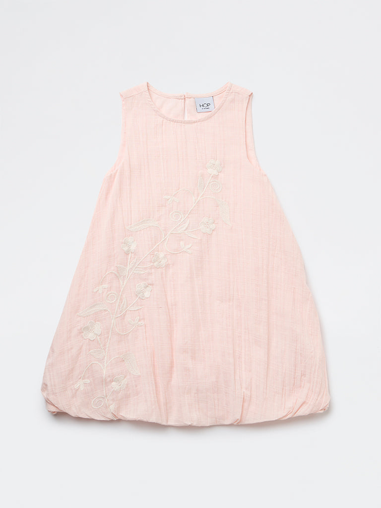 HOP Kids Girls Pink Floral Embroidered Cotton Bubble Dress