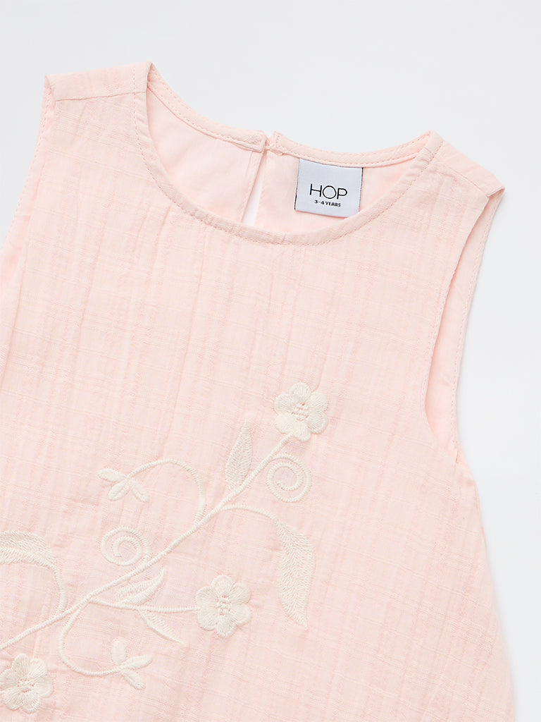 HOP Kids Girls Pink Floral Embroidered Cotton Bubble Dress