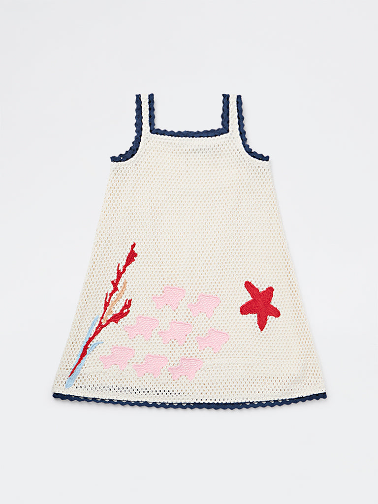 HOP Kids Girls White Crochet Knitted A-Line Cotton Dress