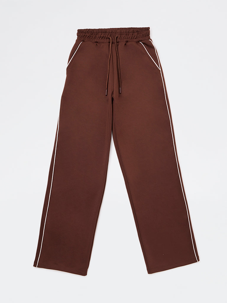 Girls Brown Solid High-Rise Track Pants