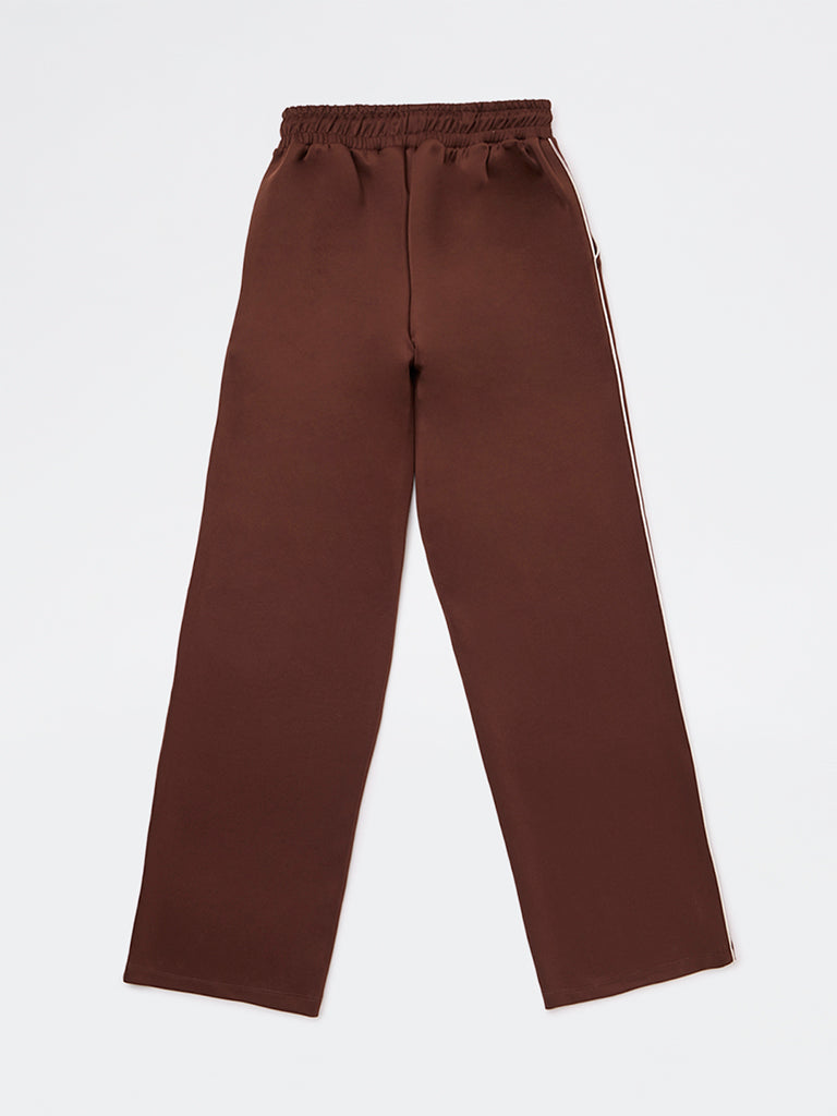 Girls Brown Solid High-Rise Track Pants