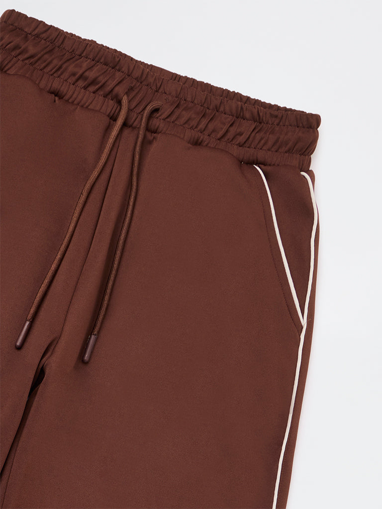 Girls Brown Solid High-Rise Track Pants