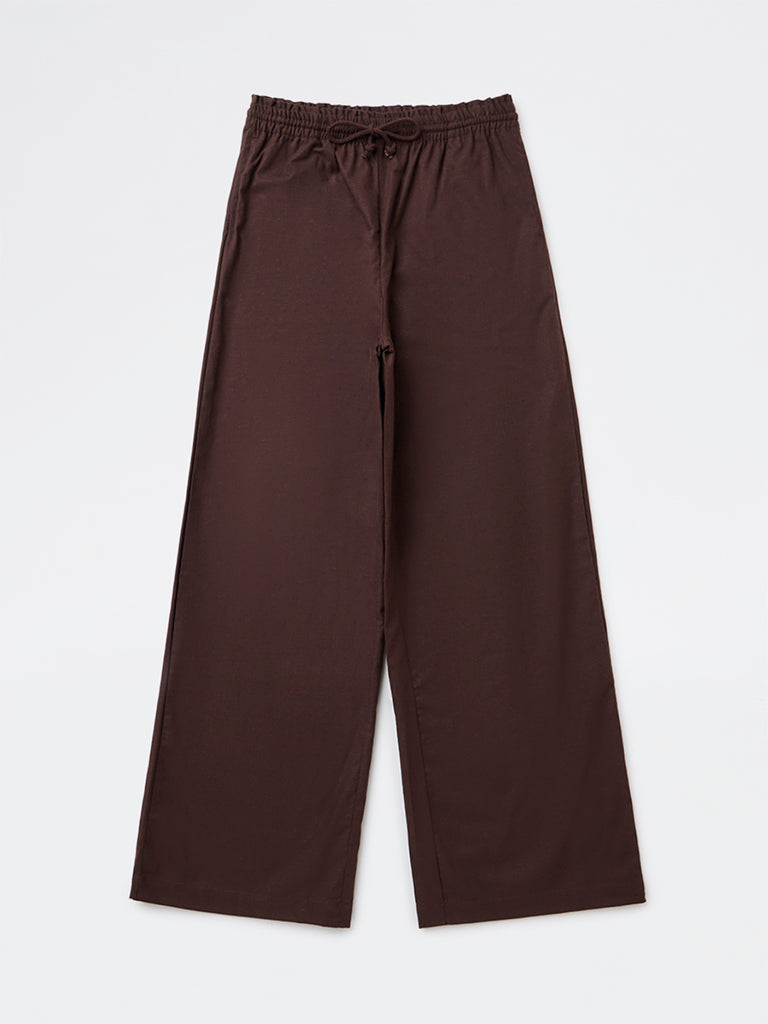 Girls Dark Brown Solid High-Rise Cotton Trousers