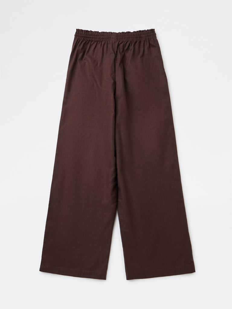 Girls Dark Brown Solid High-Rise Cotton Trousers