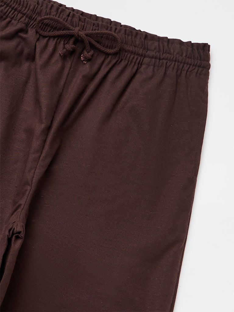 Girls Dark Brown Solid High-Rise Cotton Trousers