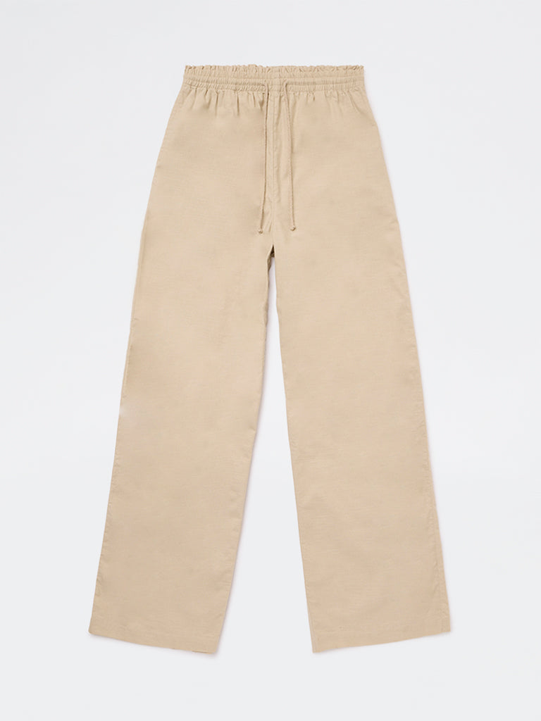 Girls Cream Mid-Rise Cotton Pants