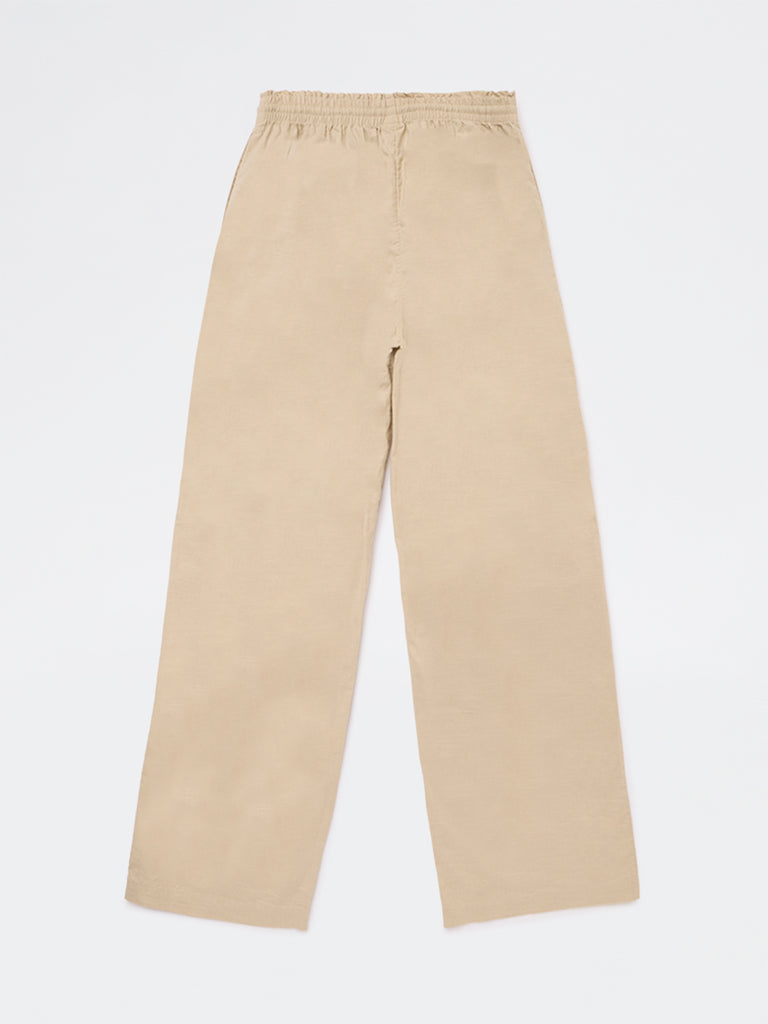 Girls Cream Mid-Rise Cotton Pants