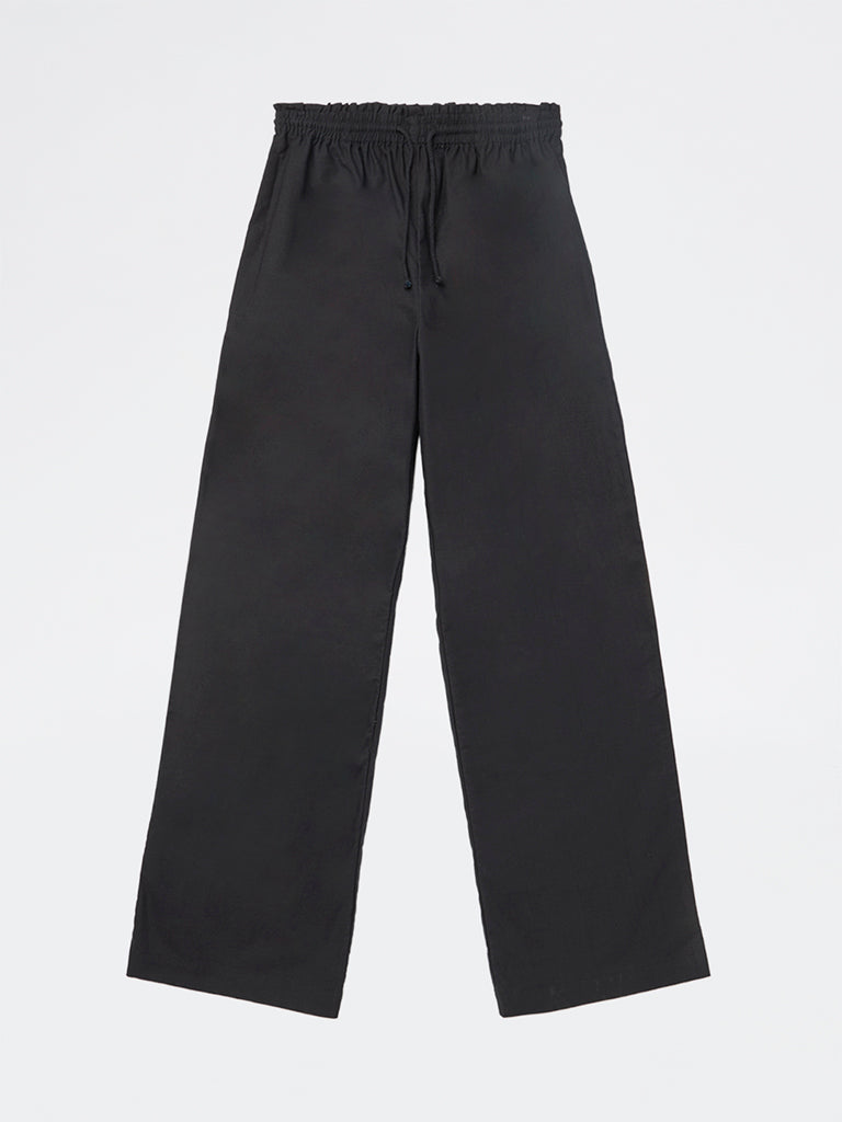Girls Black Solid High-Rise Cotton Trousers