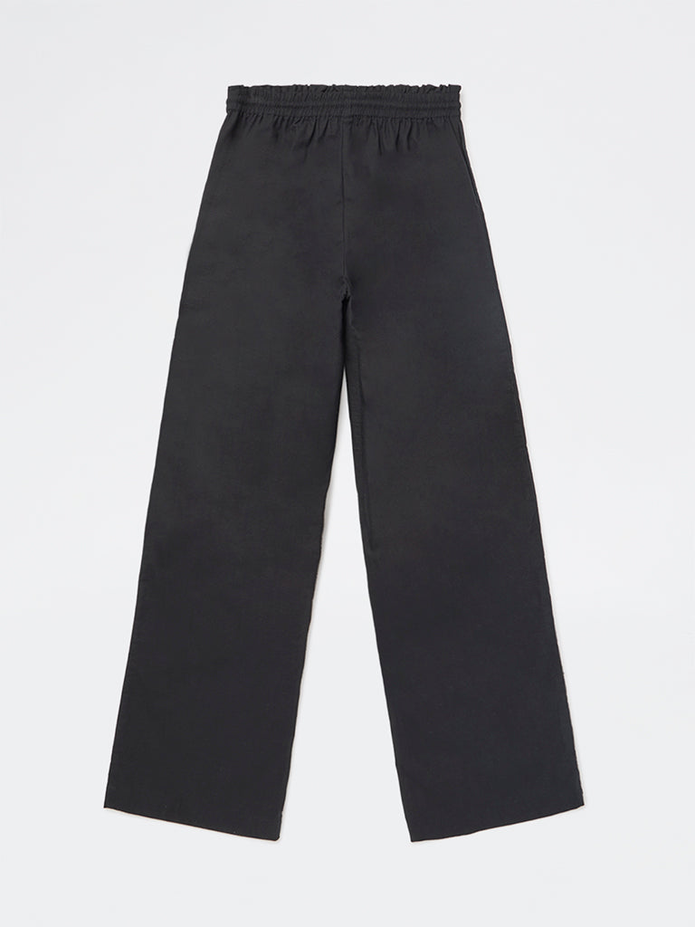 Girls Black Solid High-Rise Cotton Trousers
