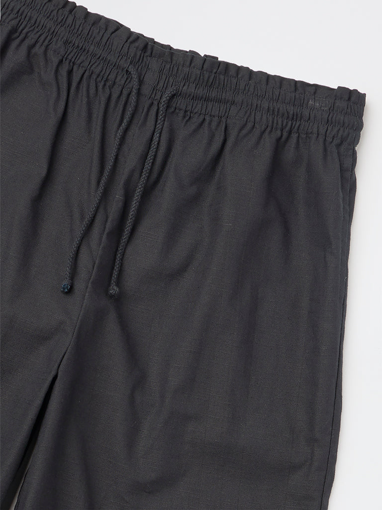 Girls Black Solid High-Rise Cotton Trousers