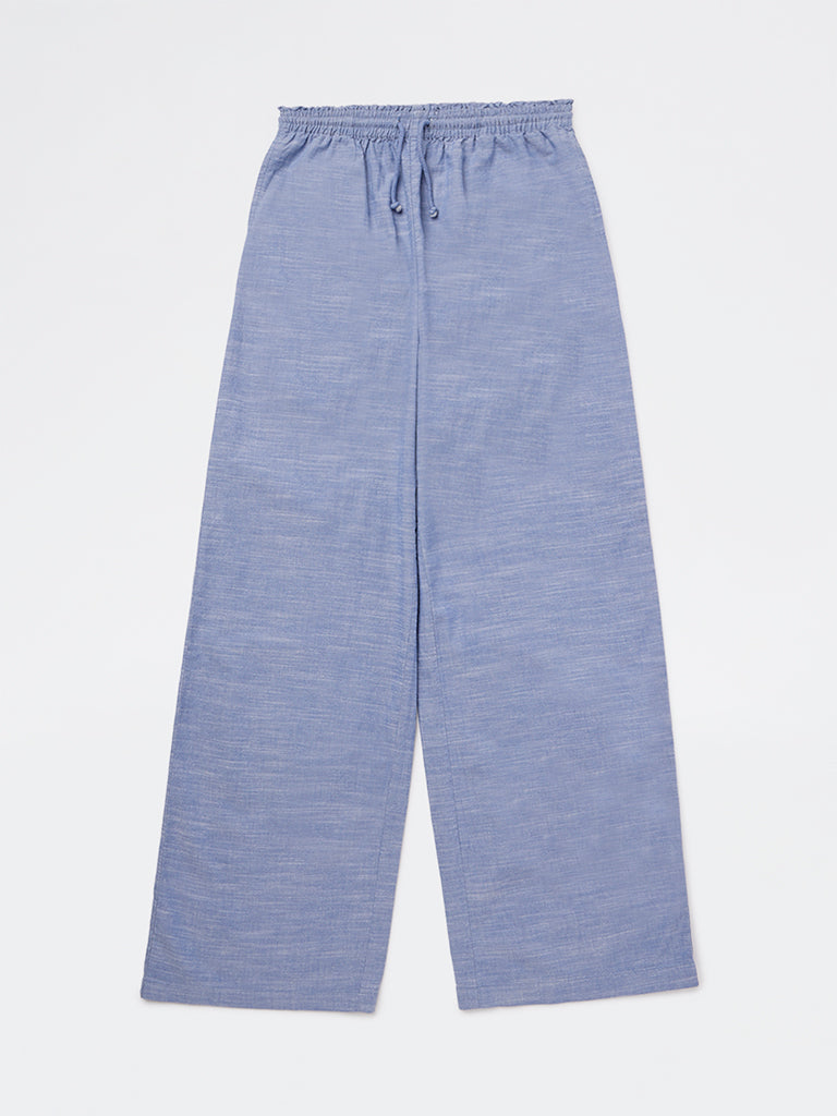 Girls Blue High-Rise Cotton Trousers