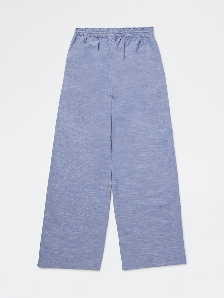Girls Blue High-Rise Cotton Trousers