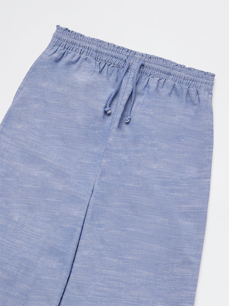 Girls Blue High-Rise Cotton Trousers