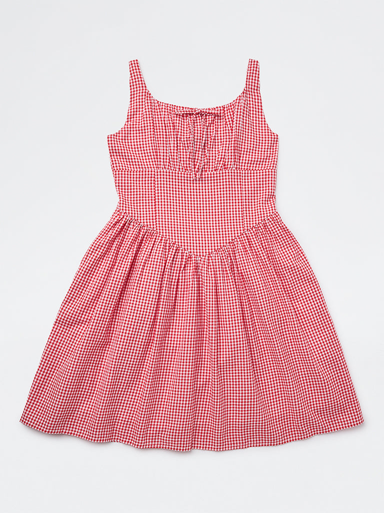 Girls Red Gingham Check A-Line Cotton Dress