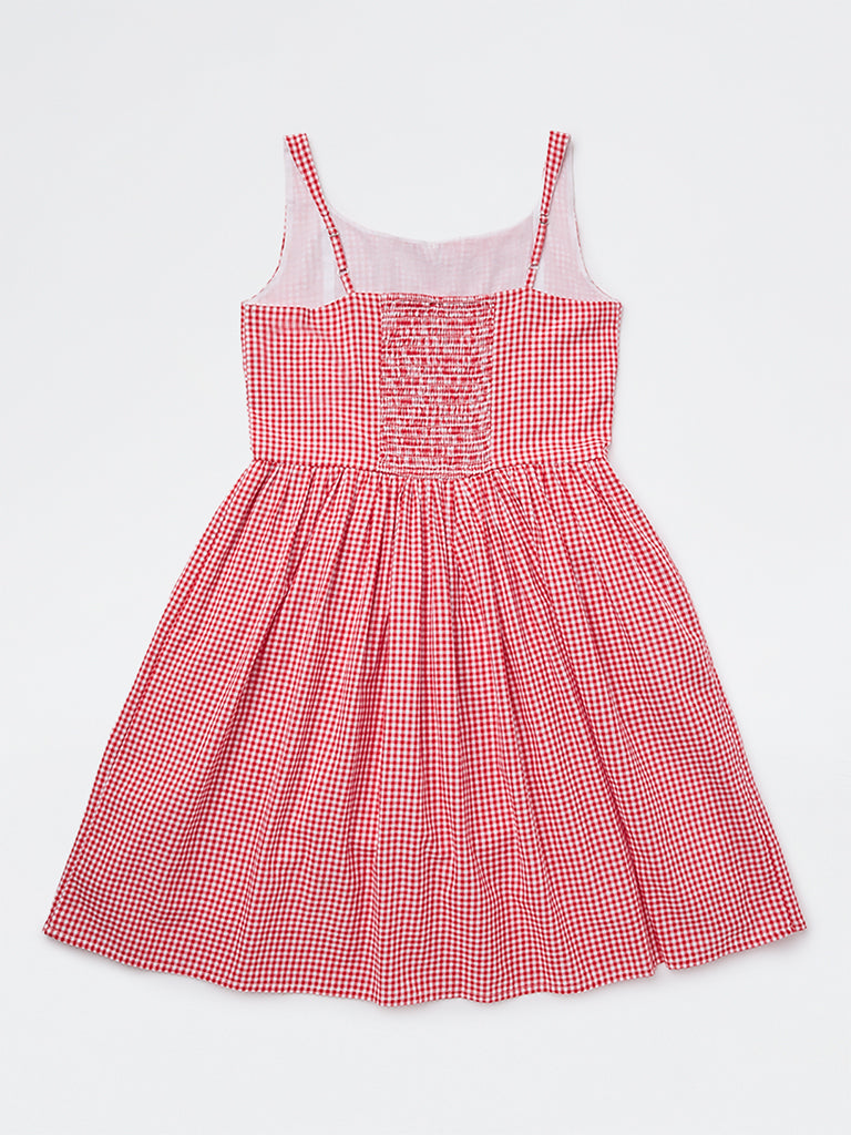 Girls Red Gingham Check A-Line Cotton Dress