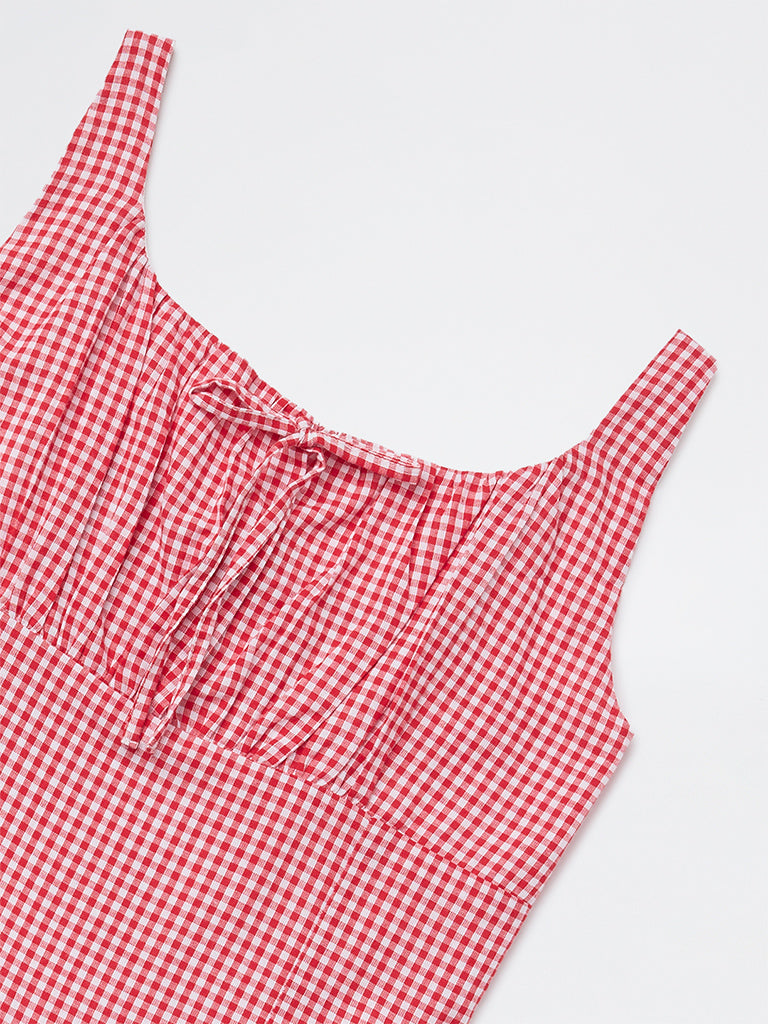 Girls Red Gingham Check A-Line Cotton Dress