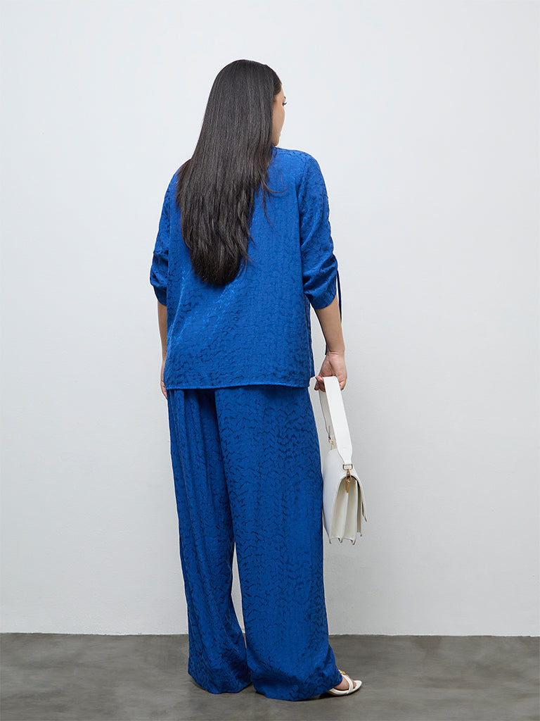 Gia Blue Self-Textured High-Rise Pants