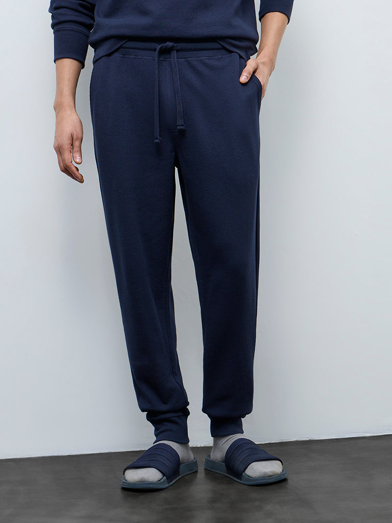 WES Lounge Navy Waffle-Textured Relaxed-Fit Mid-Rise Joggers