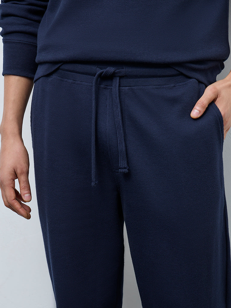 WES Lounge Navy Waffle-Textured Relaxed-Fit Mid-Rise Joggers